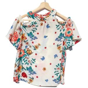 Monteau LA Peekaboo Shoulder White Floral Blouse Sz L